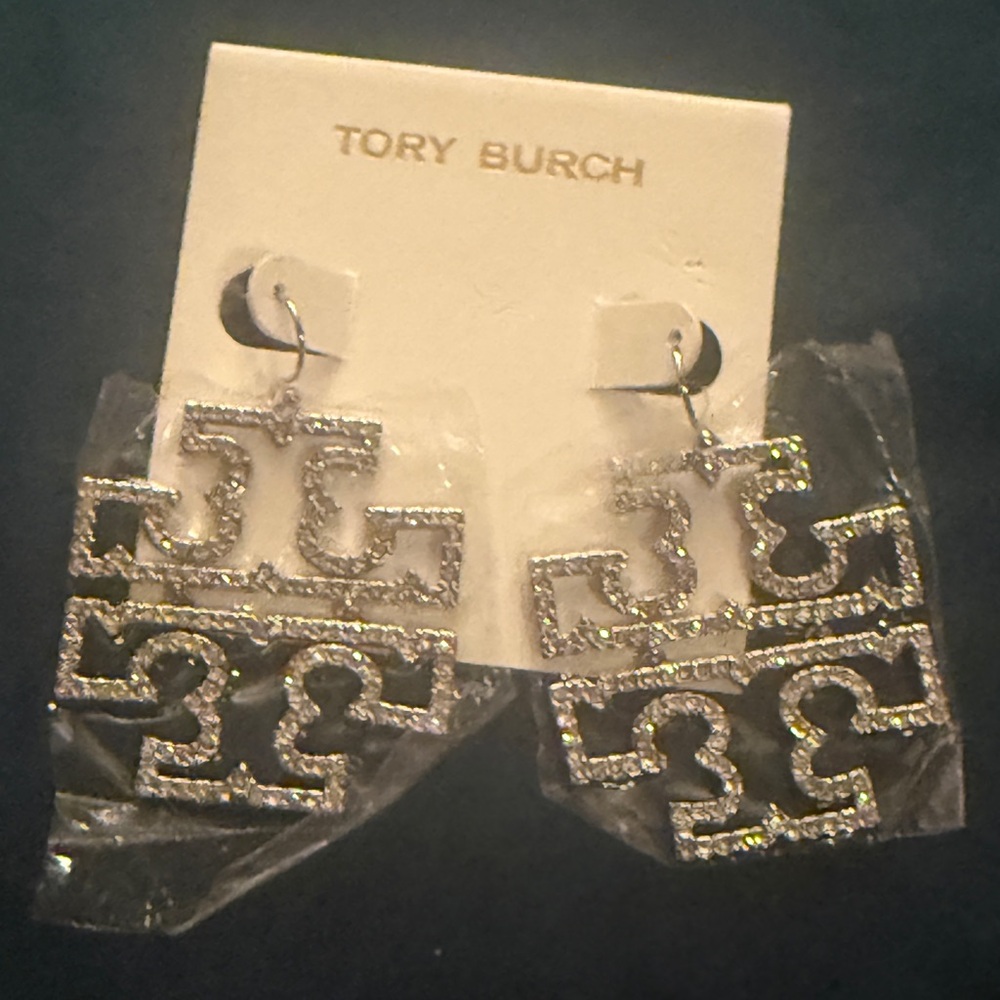 Tory Burch Sparkling Silver Logo Earrings - Picture 2 of 3